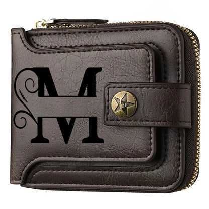 Men's Custom Wallet - Personalized Artificial Leather Men's Engraved Name and Letter Wallet, Father's Day Dad Gift, Brown
