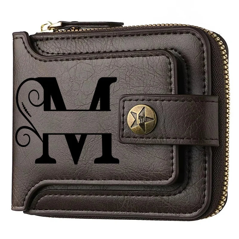Portefeuille court en cuir PU personnalisé avec chaîne pour homme, portefeuille bifold marron élégant avec nom et texte gravés pour la Saint-Valentin et les anniversaires