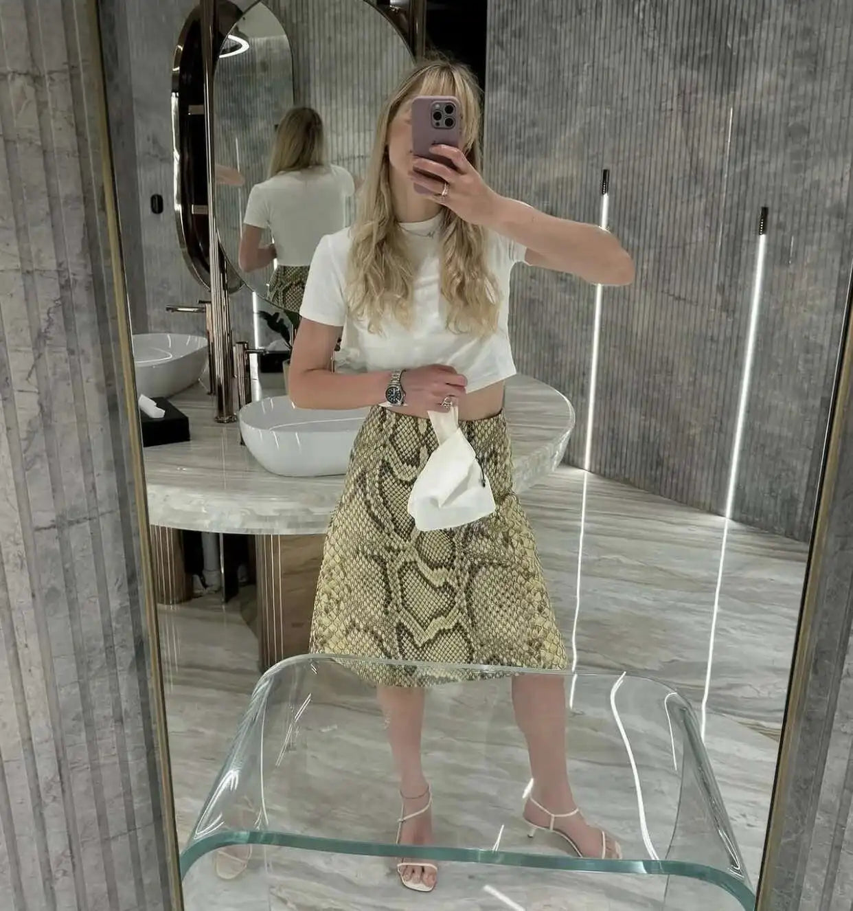 Snakeskin Printed Fashion Skirt Women's High Waist Slim Contrast Patchwork Commute Streetwear Female Vintage Y2k Skirt DDX8