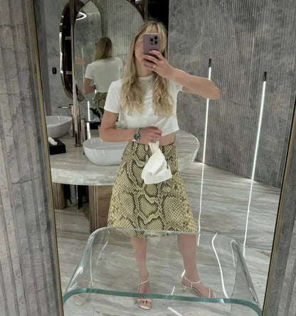 Snakeskin Printed Fashion Skirt Women's High Waist Slim Contrast Patchwork Commute Streetwear Female Vintage Y2k Skirt DDX8
