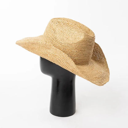 Hand-crocheted Natural Raffia Straw Cowboy Hat for Women Men Summer Wide Brim Sun Hat Outdoor Breathable Beach Caps