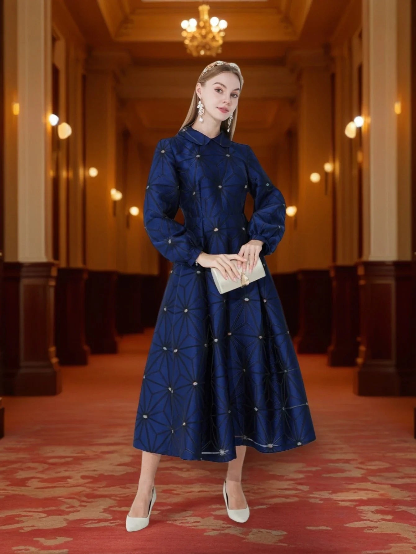 Fall/Winter Turned Collar Lined Sleeve A-Line Silhouette Geometric Heavyweight Jacquard Elegant and Graceful Long Dress