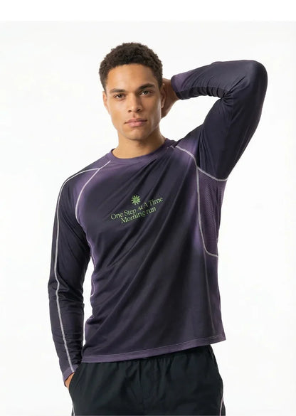 Men's Outdoor Running Long Sleeve T-Shirt Gradient Color Digital Print Quick Dry Breathable Sports Top Unisex