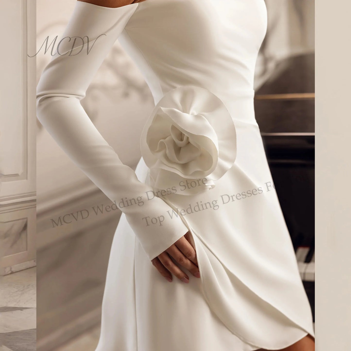 Modern Short Sheath Wedding Dresses Flower Off The Shoulder Long Sleeves Pleat Above-Knee Simple Vestidos De Noiva Customized