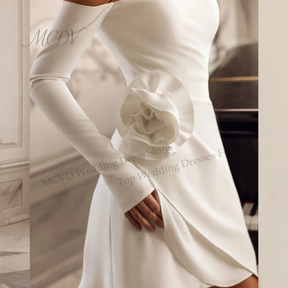Modern Short Sheath Wedding Dresses Flower Off The Shoulder Long Sleeves Pleat Above-Knee Simple Vestidos De Noiva Customized