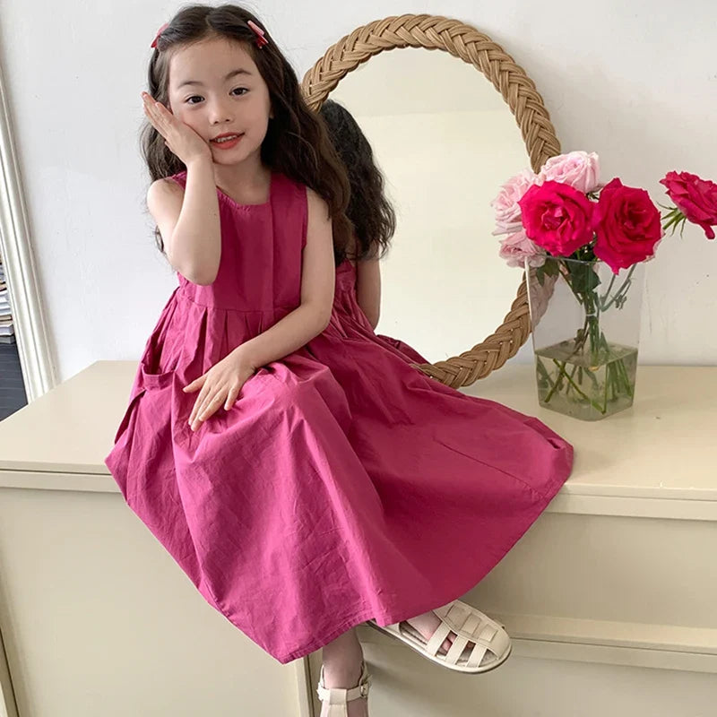 2026 New Summer Children Girls Sleeveless Dress Teen Solid Color Cotton Loose Casual Sundress Kids Vacation Style Princess Dress