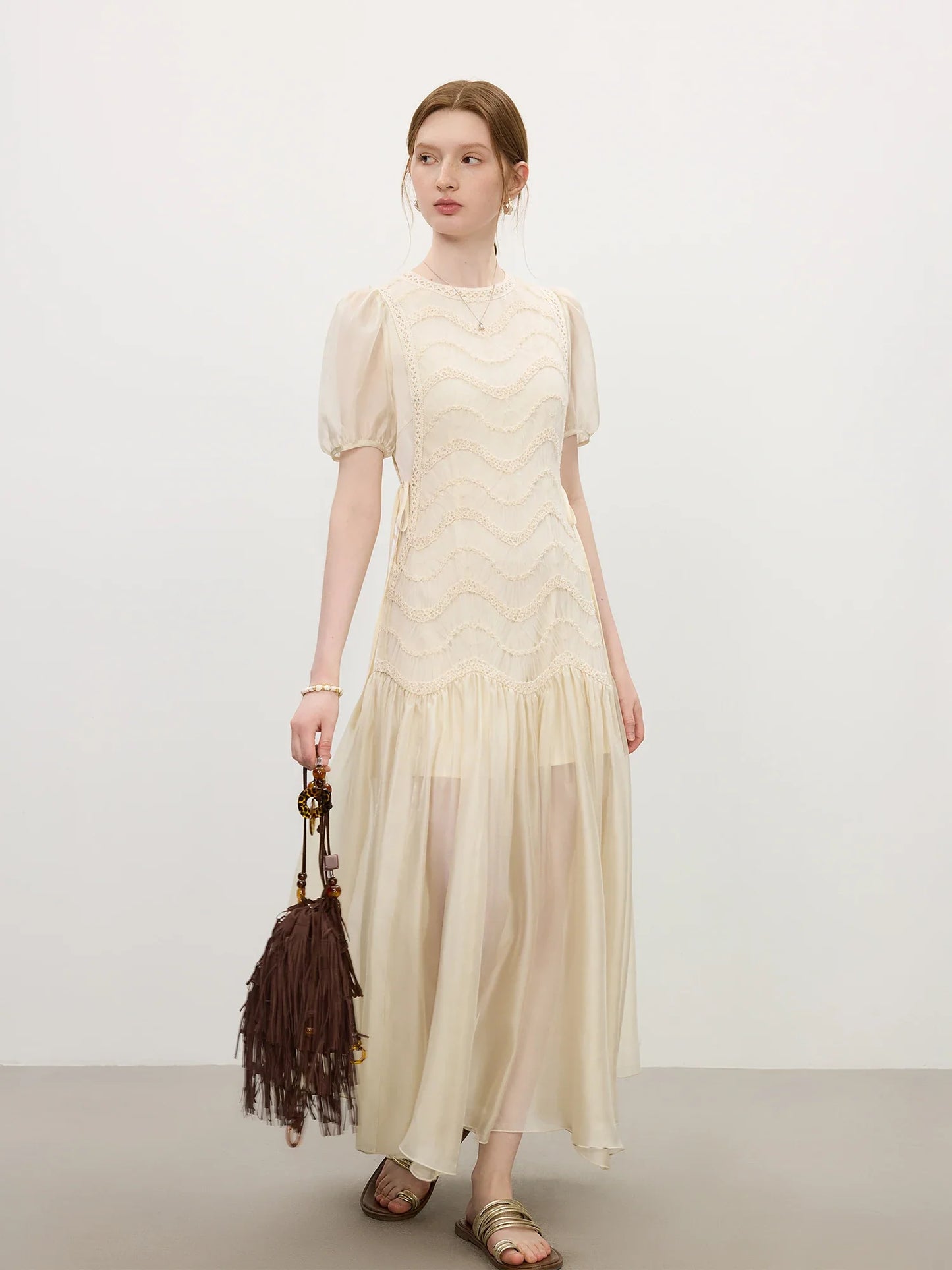 2025 Summer Women's Mesh Embroidery Dress Hollow Out Splicing Bubble Sleeves Waist Tie Y2K Trendy Boho Chic 25FS12832
