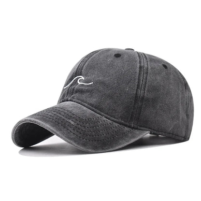 Washed Cotton Wave Embroidered Baseball Cap Unisex Adjustable Dad Hat Casual Retro Style Cap for Men Women Daily Street Wear