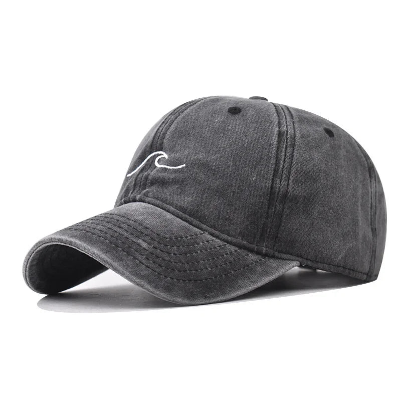 Washed Cotton Wave Embroidered Baseball Cap Unisex Adjustable Dad Hat Casual Retro Style Cap for Men Women Daily Street Wear