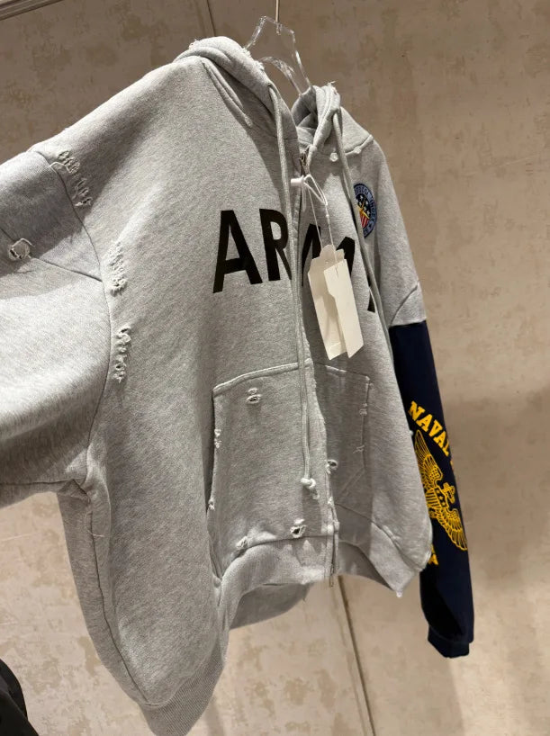 2026 Patchwork ARMY Vintage Damaged Cardigan Pullover Men Women Best Quality Hoodie
