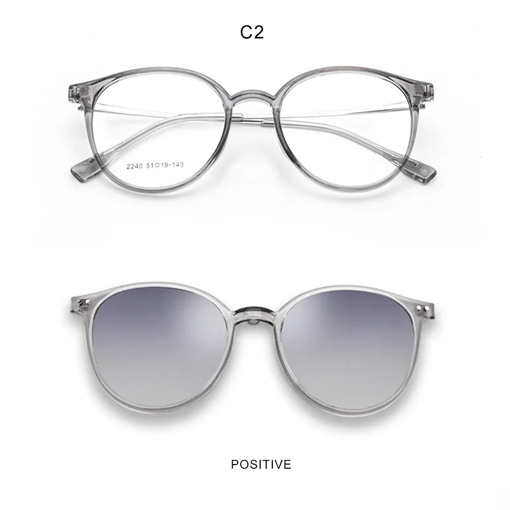 Magnetic Clip On Glasses Women Driving Polarised Round Pink Optical Myopia Eyewear Men Custom Prescription Glasses 2240