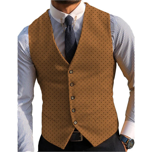 V Neck Men's Suits Vest Classic Dots Business Formal Casual Waistcoat For Jacket Vintage Wool Groomsmen  For Wedding