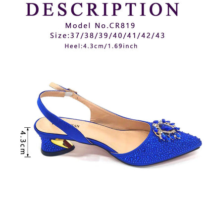 Royal Blue Sandals for Women 2024 Luxury Wedding Pumps Med Heels Rhinestone Design Party Shoes and Bags Set