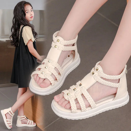 2026 Summer Gladiator Children Sandals Girl Soft Princess Shoes Retro Black Roman Sandal Outdoor Braided Shoe White Kids Shoes