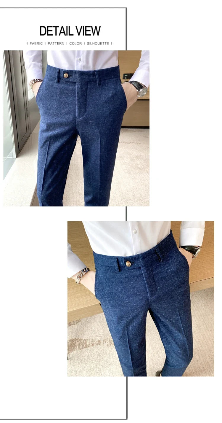 Boutique Classic Plaid and Striped Fashion Men's Casual Business Slim Suit Pants Groom Wedding Dress Trousers Party