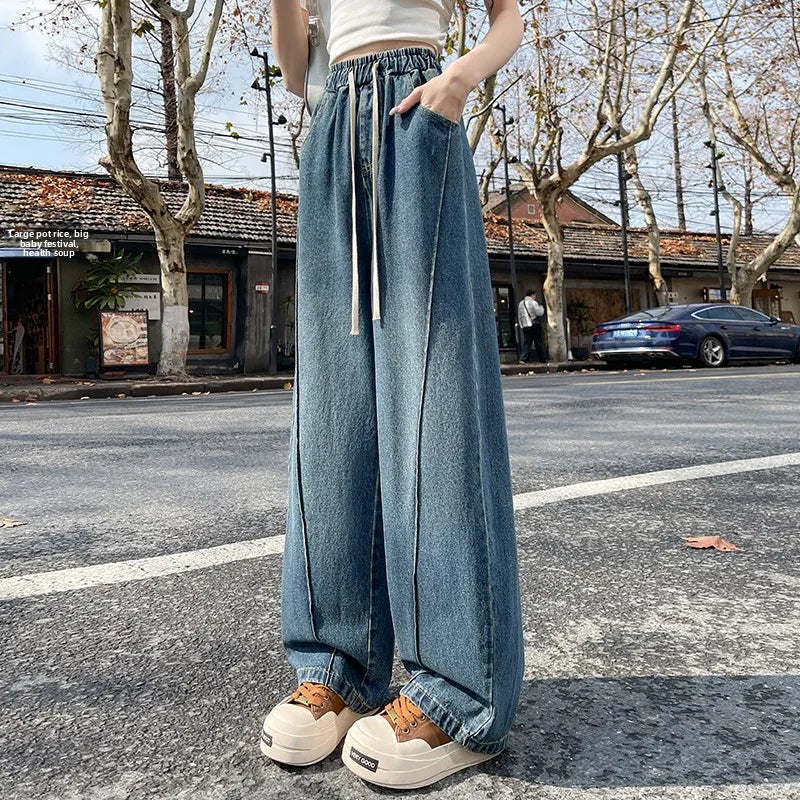 High Waist Wide Leg Jeans Women's Loose Fit Dstring Elastic Waist Long Trousers Blue Denim Spring Season Faion plus Size