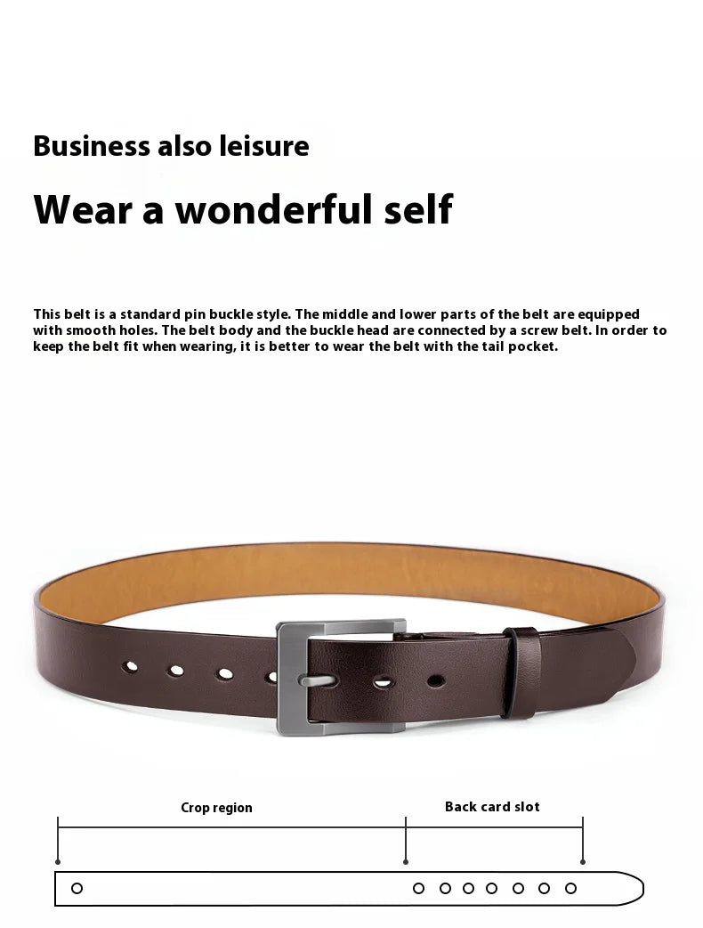 Men's Genuine Leather Belt - High-Quality Cowhide Leather Pin Buckle Belt with Alloy Clasp, Premium Men's Cowboy Belt
