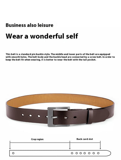 Men's Genuine Leather Belt - High-Quality Cowhide Leather Pin Buckle Belt with Alloy Clasp, Premium Men's Cowboy Belt