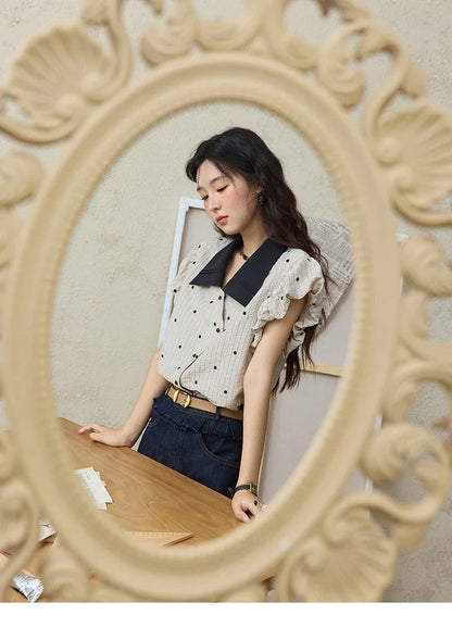 Summer Office Lady Blouses Women 2025 Short Sleeve Turn-down Collar Polka Dot Shirts Female Fashion Slim Tops MXE31C0776