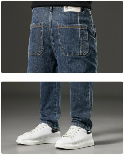 6 Pocket Design Denim Jeans Men's 2025 New High Elasticity Denim Casual Trousers Straight Male Pants Fashion Mid-waist Jeans