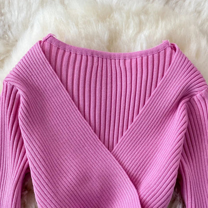 Autumn Winter 2025 Women Dress Elegant Cross V-neck Slim Waist Knitted Bodycon Dress Korean Office Lady Vestidos