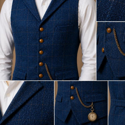 Men Vest Dark Blue Herringbone Checkered Single Button Waistcoat For Wedding Banquet Business Work Daily Casual Men Suit Vest