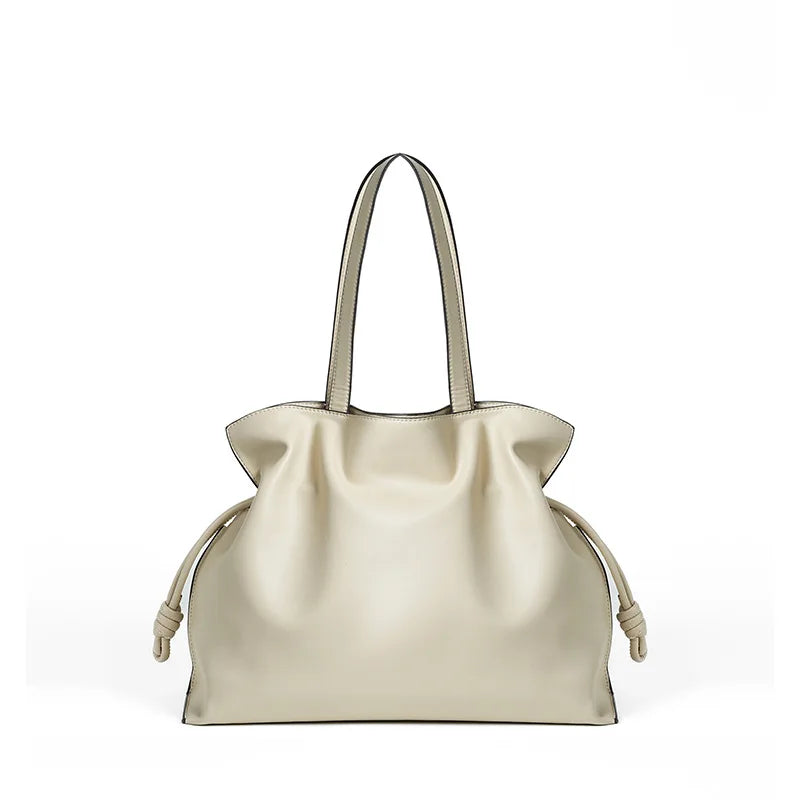 2025 High-End Women's Bucket Bag Lady Unique Drawstring Pleated Shoulder Bag Soft Split Cowhide Leather Cloud Tote Handbag New
