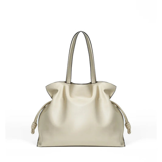 2025 High-End Women's Bucket Bag Lady Unique Drawstring Pleated Shoulder Bag Soft Split Cowhide Leather Cloud Tote Handbag New