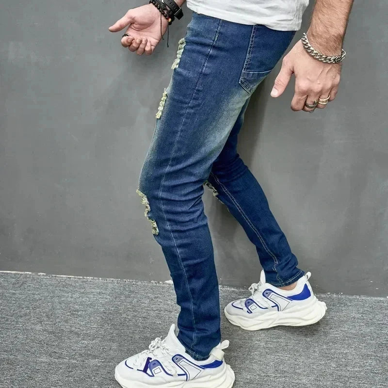 2024 New Style Men's Personalized Ripped Solid Color Skinny Jeans Stretch Little Foot Streetwear Motorcycle Denim Trousers Male
