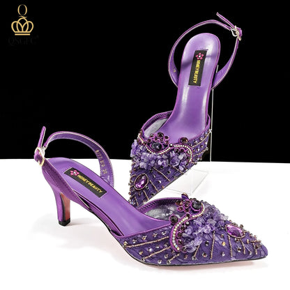 Italian Design Rhinestones and Coral Stones Ladies Party Shoes High Heels Pointed Toe Coffee Color Women's Shoes