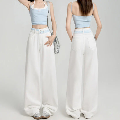Loose Casual Wide Leg Denim Pants Summer New Thin 100% Cotton Women's High Waist Y2K Contrast Stitching All Match Baggy Jeans