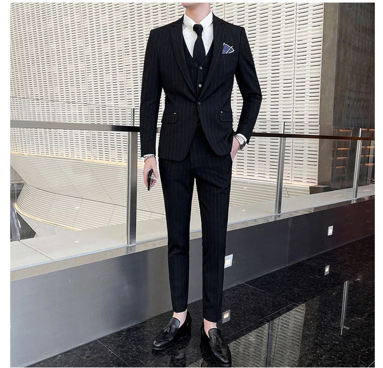 Winter Stripes Three-piece High-Grade Groom Wedding Suit with Vest And Trousers Business Fashion Handsome Casual Wedding Outfit