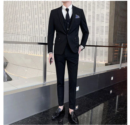 Winter Stripes Three-piece High-Grade Groom Wedding Suit with Vest And Trousers Business Fashion Handsome Casual Wedding Outfit