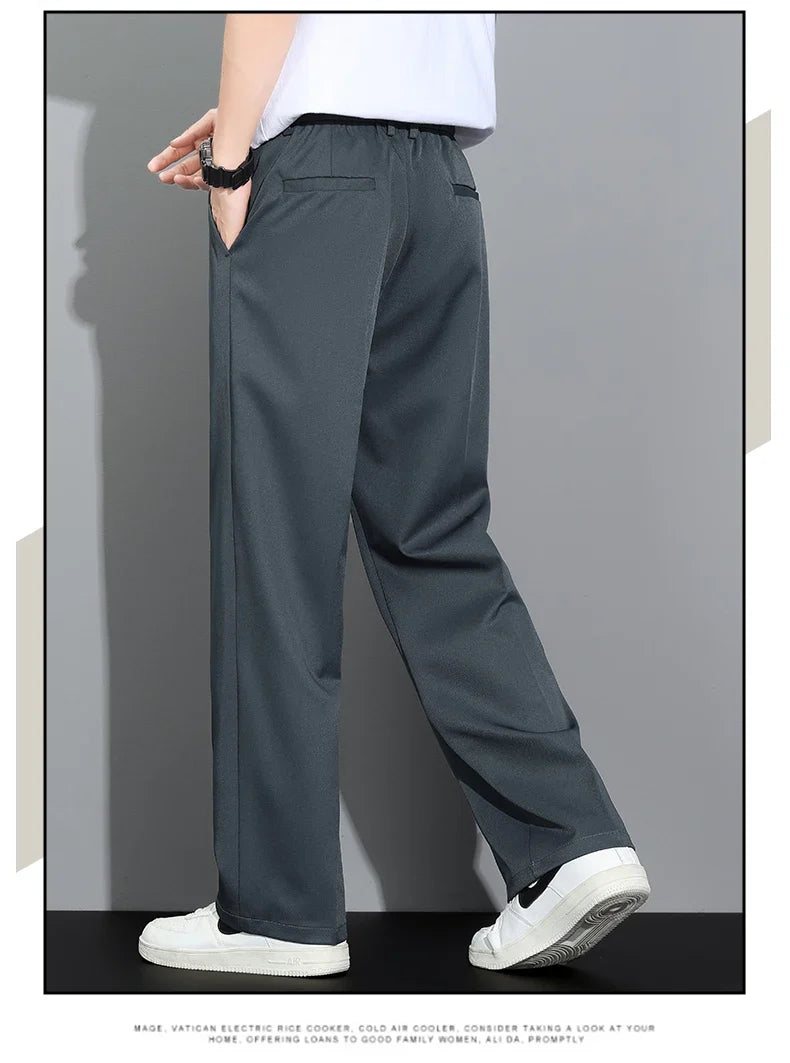 Men's 2026 Summer Korean Style Loose Straight Leg Draping Lightweight Casual Pants Slacks Khaki Dark Gray Black Trousers Male