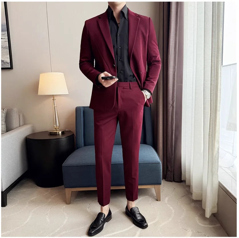 (Jacket+Pant) New Men Pure Color Business Social Wedding Party Suit Fashion Male Banquet Party Slim Fit Dress Blazer and Trouser
