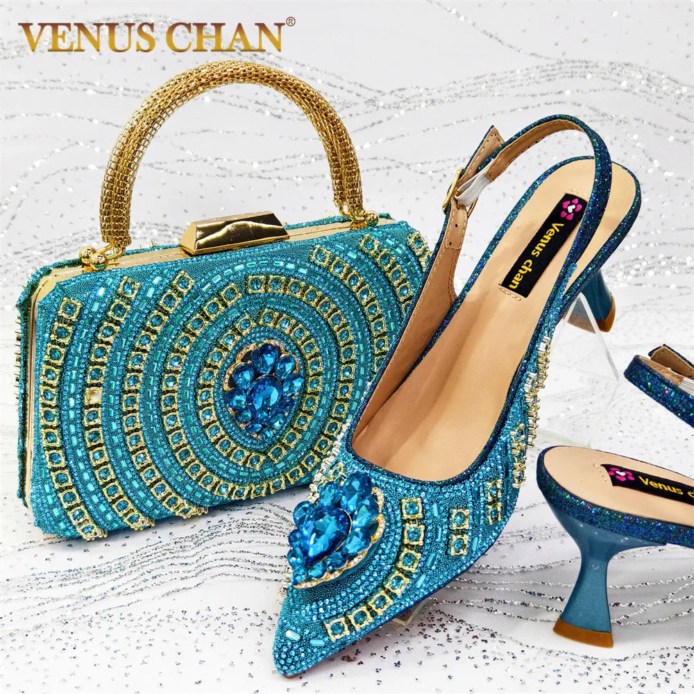 2025 Newst Italian Butter-fly Design Party Wedding Pointed Toe Slingback Sandals with Bag Set in Sky Blue Color