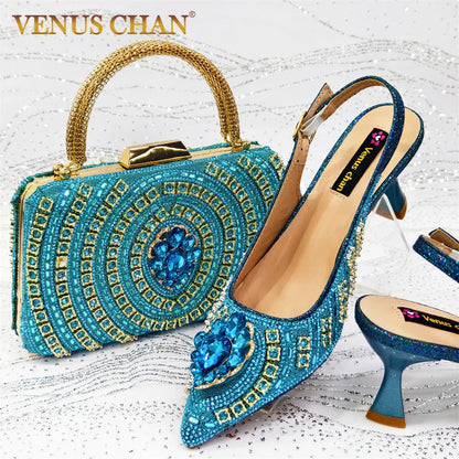 2025 Newst Italian Butter-fly Design Party Wedding Pointed Toe Slingback Sandals with Bag Set in Sky Blue Color