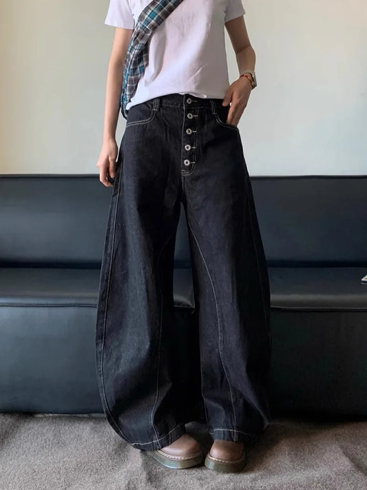 American Retro High Street Button Design Bootcu Bla Knife  Wide Leg Loose Long Jeans for Men And Women Trendy