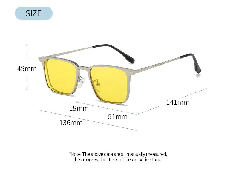 Fashion Square Metal Frame 3 in 1 Magnet Clip On Glasses Polarized Sunglasses Man Night Vision Clip Anti Blue Light Glasses