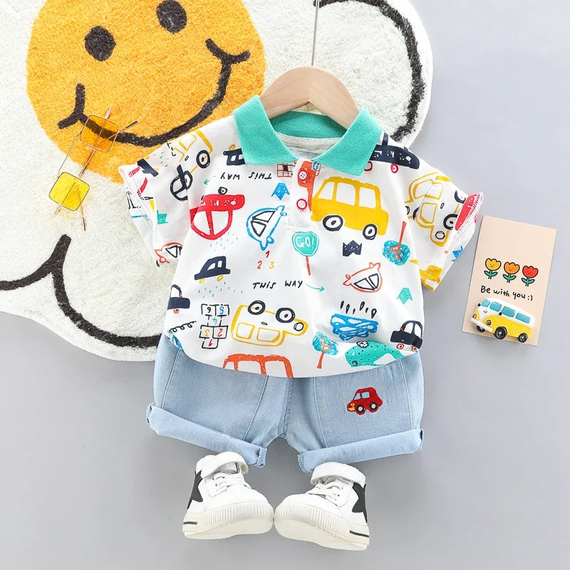 High-Quality Baby Boys Polo Shirt + Handsome Denim Shorts 2-Piece Set Children's Girls Clothing Summer