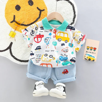 High-Quality Baby Boys Polo Shirt + Handsome Denim Shorts 2-Piece Set Children's Girls Clothing Summer