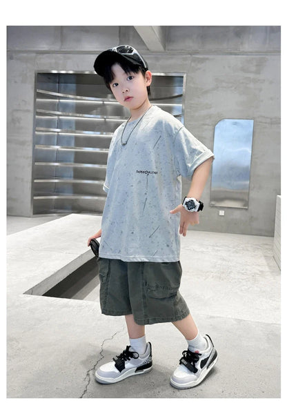 Summer Suit for Boy with Shorts Two Piece Clothing Set Kids Child Cotton Top and Bottom Clothes Set Casual Outfit Tracksuit 5-14