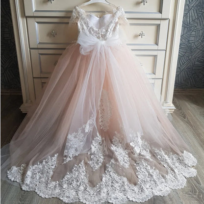 Cute Flower Girl Dresses for Wedding Big Bow Appliques Long Little Pageant Gowns Girls White Tulle First Communion Gowns