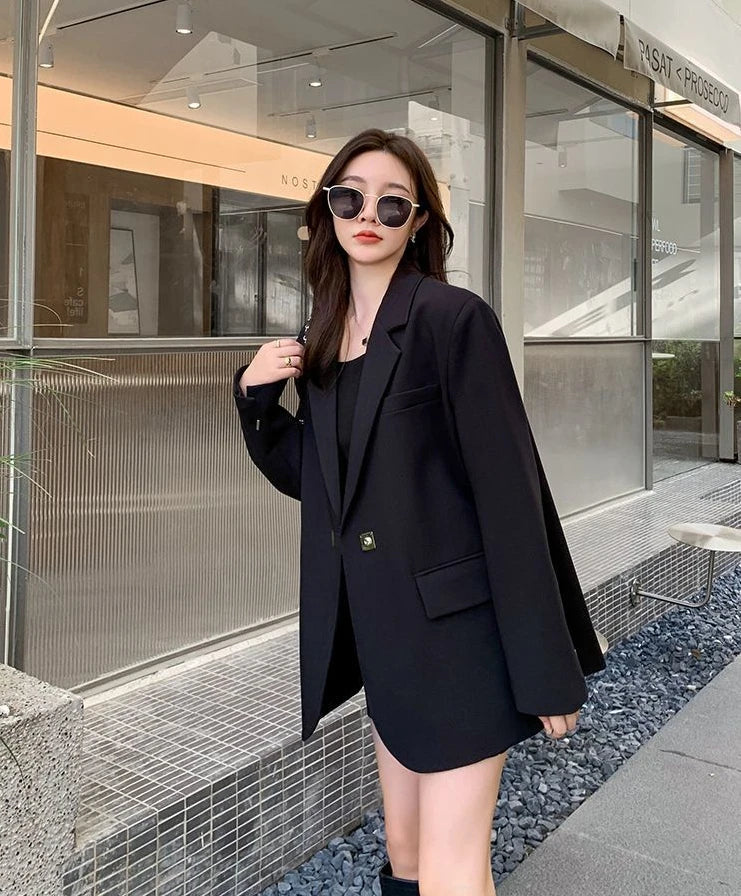 Long Women's Blazers Loose Jacket Dress Clothing Female Coats and Jackets Solid Over Black Youthful Woman Clothes New Outerwear