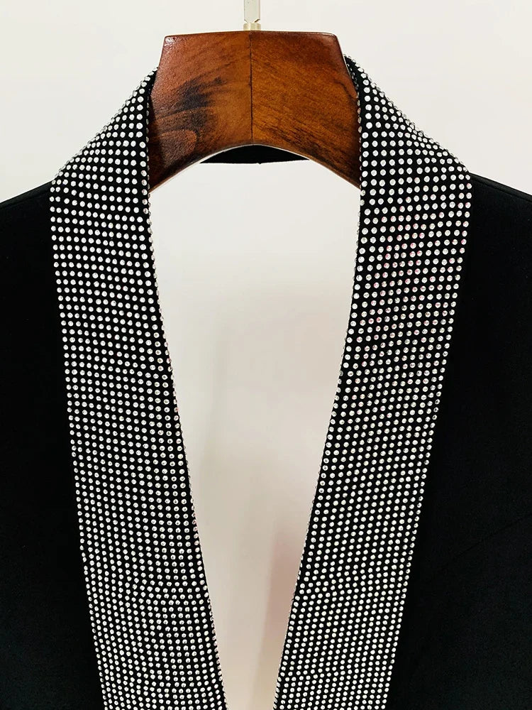 HIGH STREET 2026 Runway Fashion Designer Jacket Women's Stylish Backless Rhinestone Diamonds Beaded Shawl Collar Long Blazer