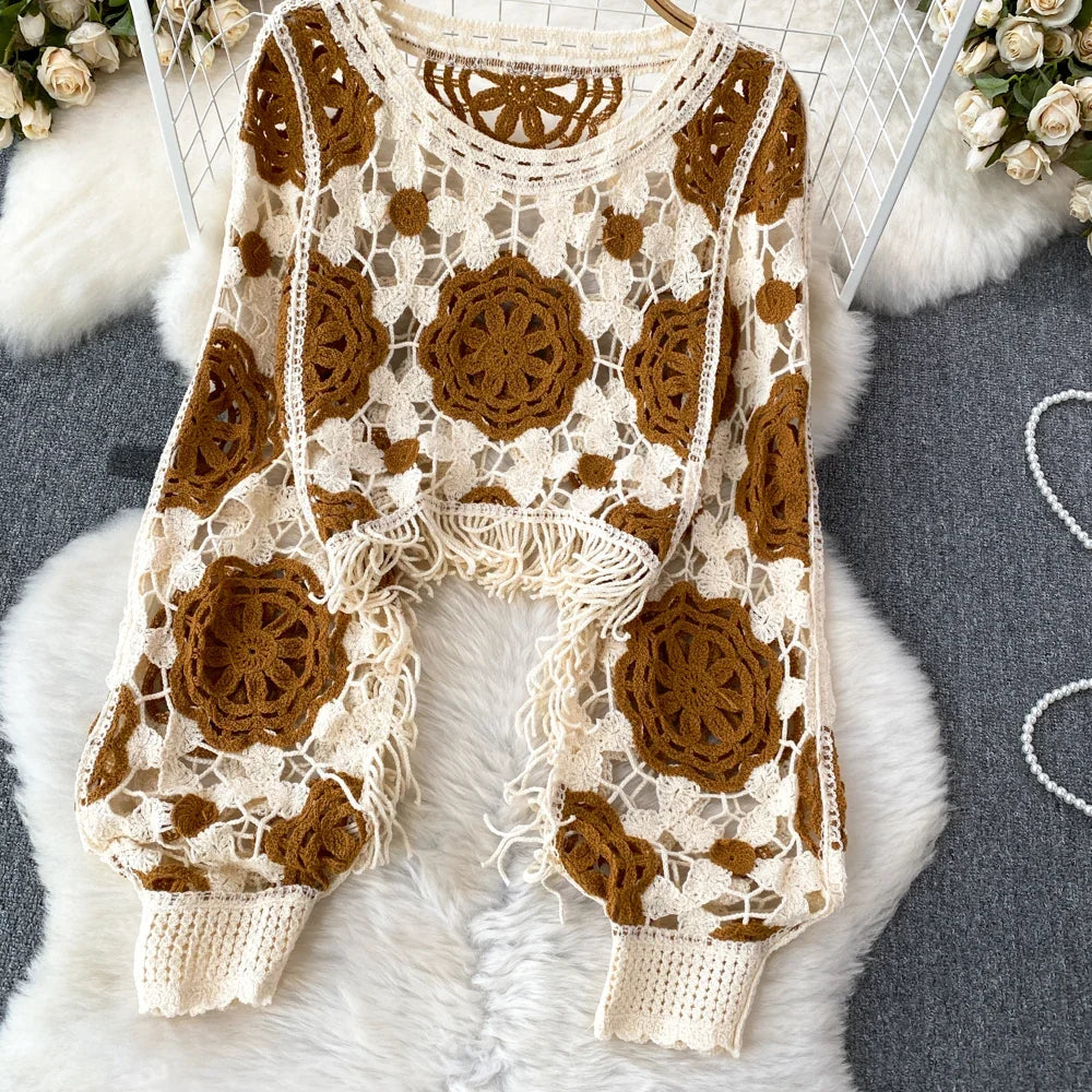 Hook Flower Hollow Out Tops Women Long Lantern Sleeves Tassels Vintage Bohemian Loose Beachwear Hotsweet Knit Blouse