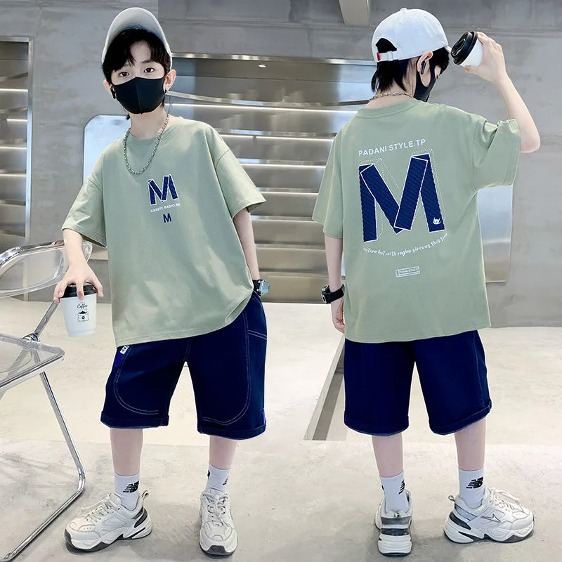 Summer Boys Cotton Leisure Loose Alphabet T-Shirt Top+Jeans Shorts Contrast Set School Kid 2PCS Tracksuit Children Outfit 5-16Yr