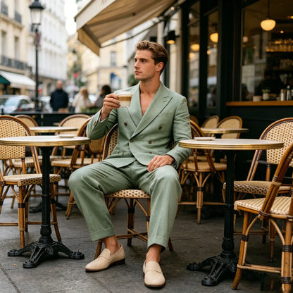 Men‘s Sage Green Linen Suit 2 Piece Double Breasted Peak Lapel Blazer Straight Leg Pants Casual Set For summer wedding Groom New