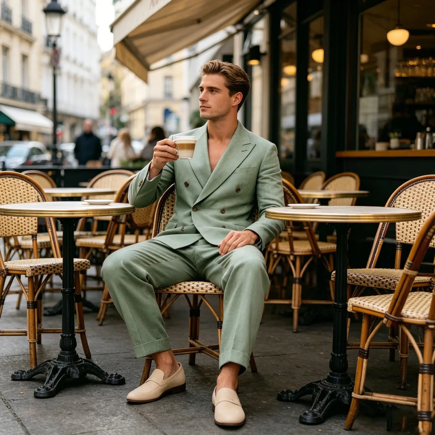 Men‘s Sage Green Linen Suit 2 Piece Double Breasted Peak Lapel Blazer Straight Leg Pants Casual Set For summer wedding Groom New
