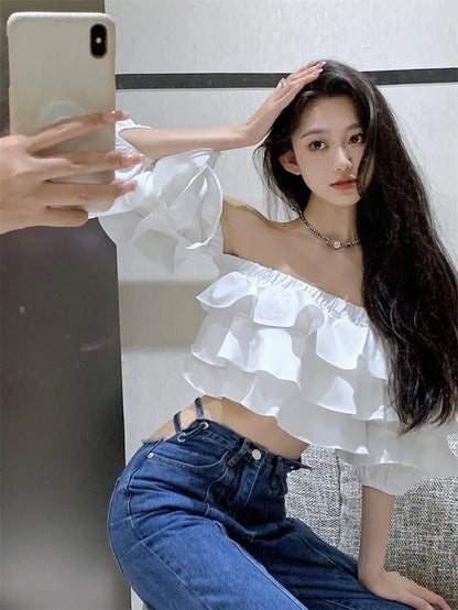 Off Shoulder Fashion Woman Blouse Stacked Ruffles Crop Top Shirt Summer Designer Short Sleeve Chiffon Sexy 2023 New